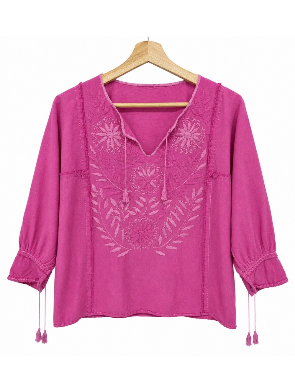 Bohemian Embroidered Pink Peasant Blouse Tassel Tie Neo Boho Size Large